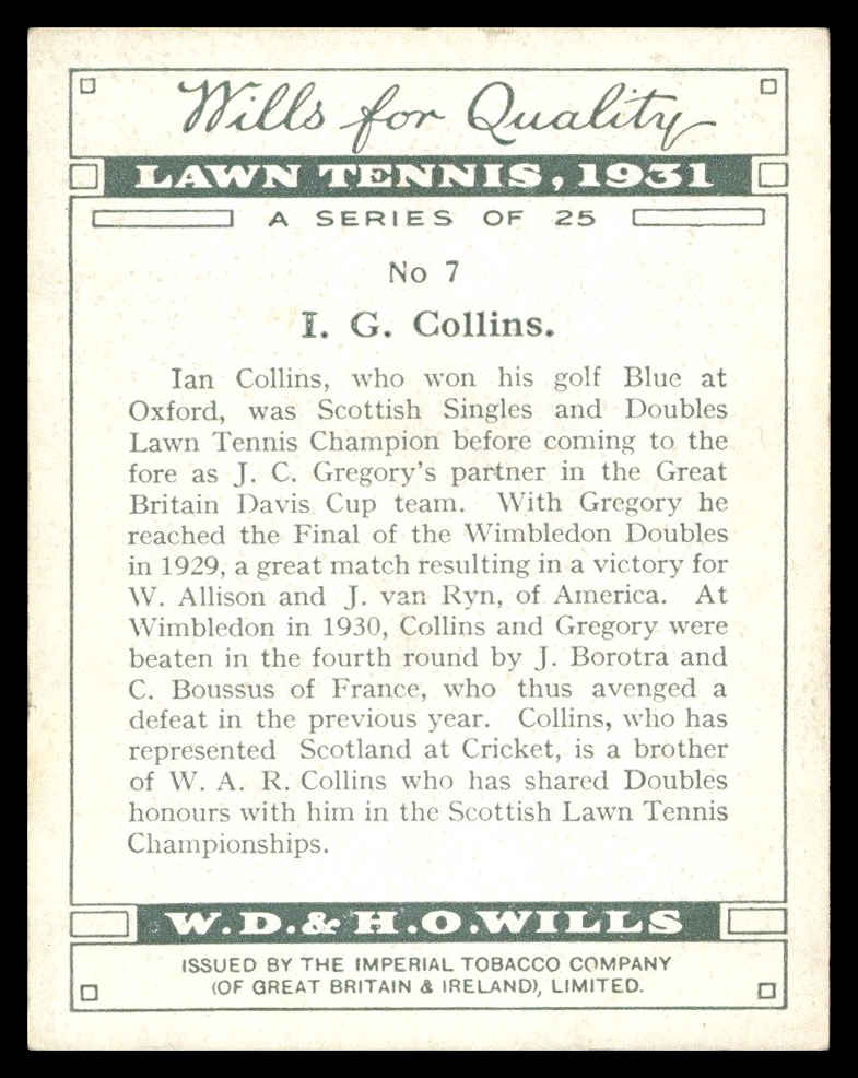 Wills - 'Lawn Tennis (Large)' (1931) - #7 - I.G. Collins Wills - 'Lawn Tennis (Large)' (1931) - #7 - I.G. Collins