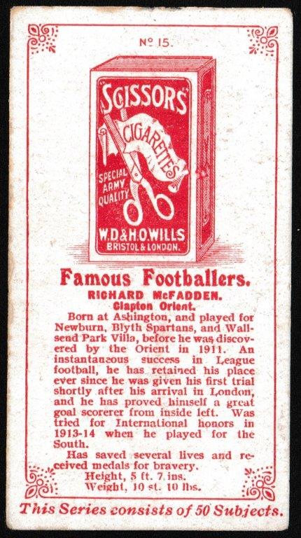 Wills (W.D. & H.O.) - 'Famous Footballers (Scissors)' (1914) - Card #15 - R. McFadden (Clapton Orient) Wills (W.D. & H.O.) - 'Famous Footballers (Scissors)' (1914) - Card #15 - R. McFadden (Clapton Orient)