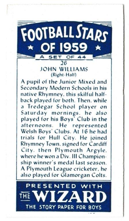 Wizard - 'Football Stars of 1959' (1959) - #26 - John Williams (Plymouth Argyle) Wizard - 'Football Stars of 1959' (1959) - #26 - John Williams (Plymouth Argyle)