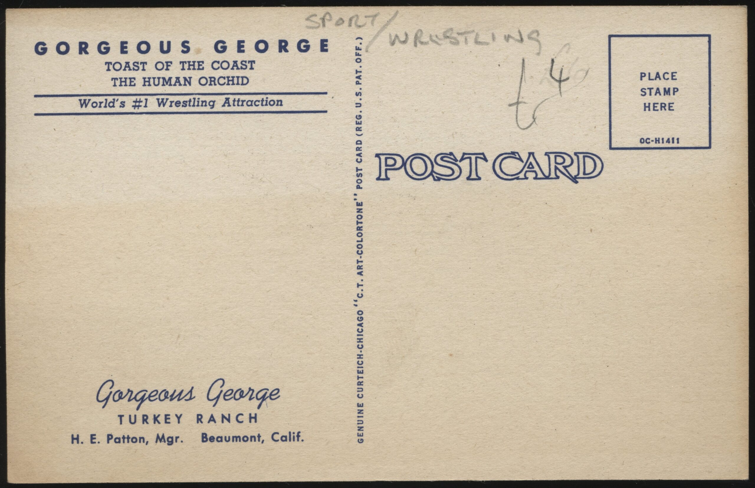 Curt Teich - 'Gorgeous George The Human Orchid Turkey Ranch' (c1940's) - Unused Wrestling Postcard Curt Teich - 'Gorgeous George The Human Orchid Turkey Ranch' (c1940's) - Unused Wrestling Postcard