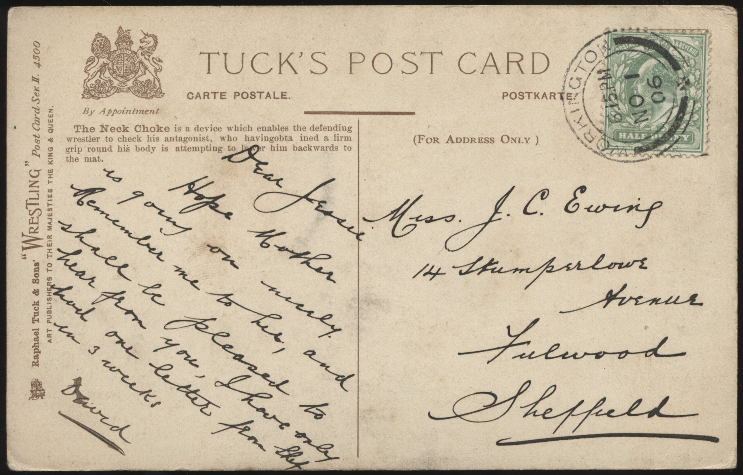 Tuck's - 'The Neck Choke ' (1906) - Used Wrestling Postcard Tuck's - 'The Neck Choke ' (1906) - Used Wrestling Postcard