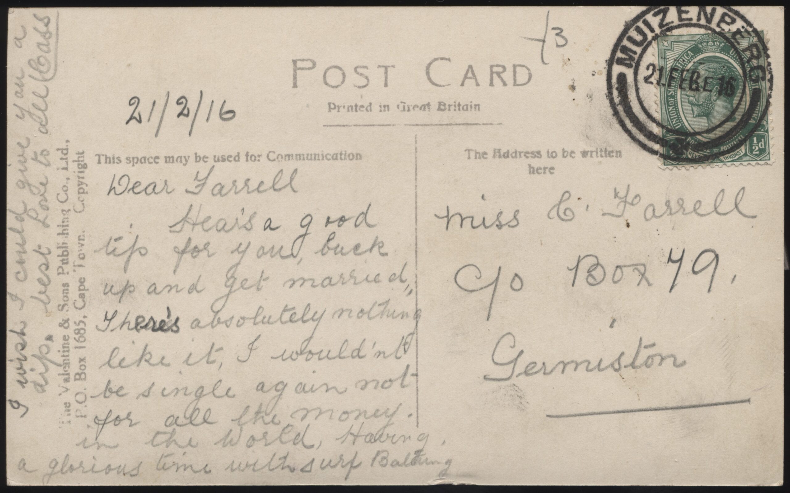 Valentine's - 'Surfing at Muizenberg' (1916) - Postmarked Muizenberg 21-Feb-1916 Valentine's - 'Surfing at Muizenberg' (1916) - Postmarked Muizenberg 21-Feb-1916